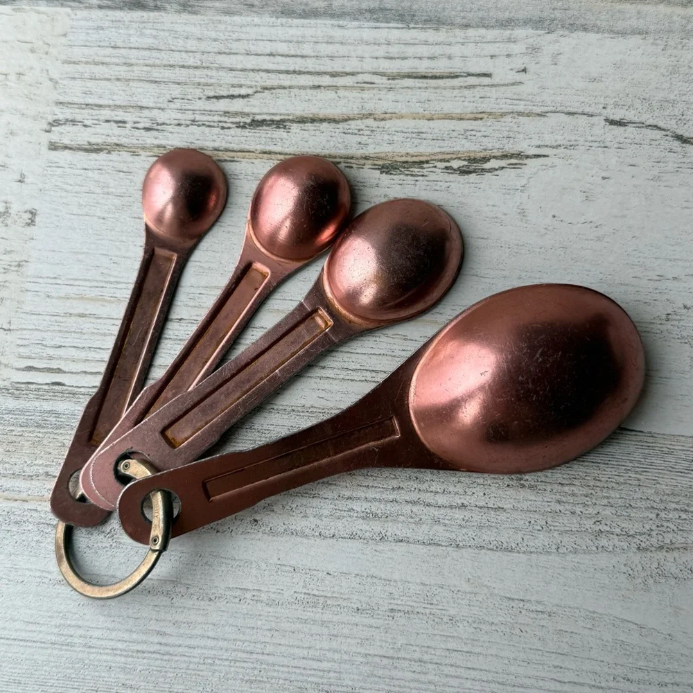 Vintage Aluminum Copper Tone Nesting Oval (4) Measuring Spoons US STD Farmhouse